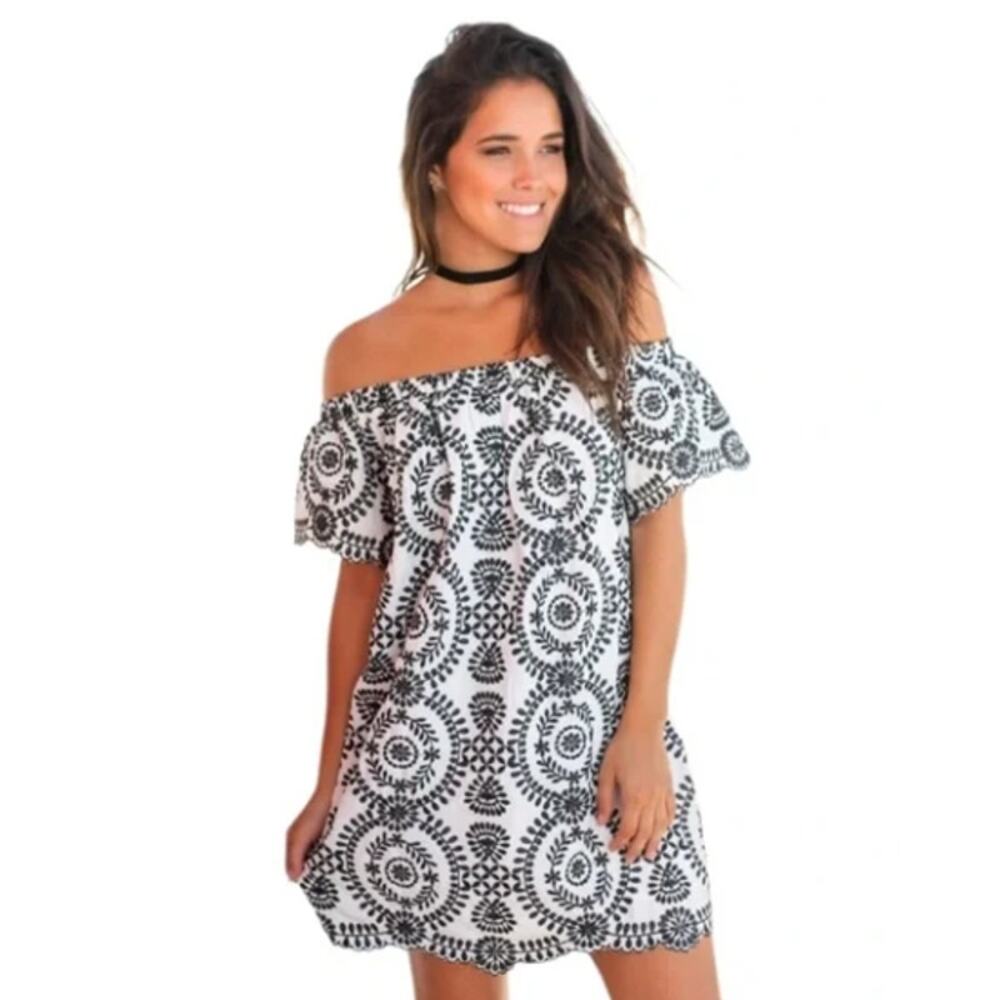 Entro Navy Blue White Floral Paisley Embroidered Off Shoulder Mini Dress Medium